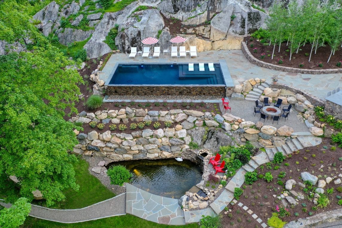 Birdseye View of Inground Pool and Landscape