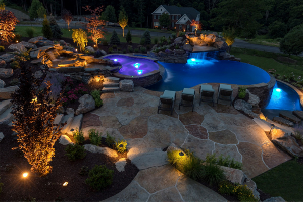 Nighttime pool ambiance with soft lighting